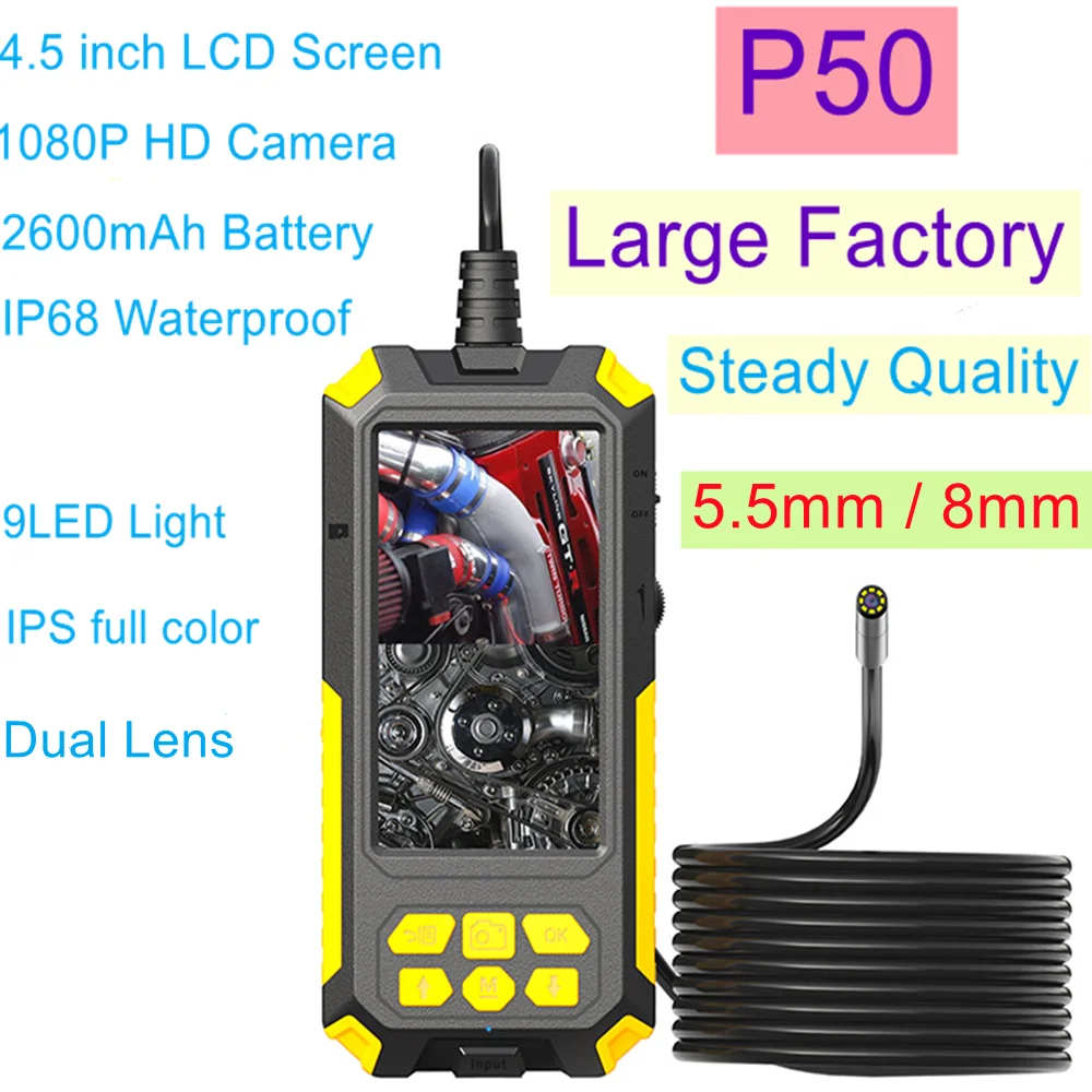 

P50 5.5mm / 8mm Dual Lens Industrial Endoscope 1080P Full HD 4.5inch LCD Digital Inspection Camera 9 LED Car Home Duct and Pipe