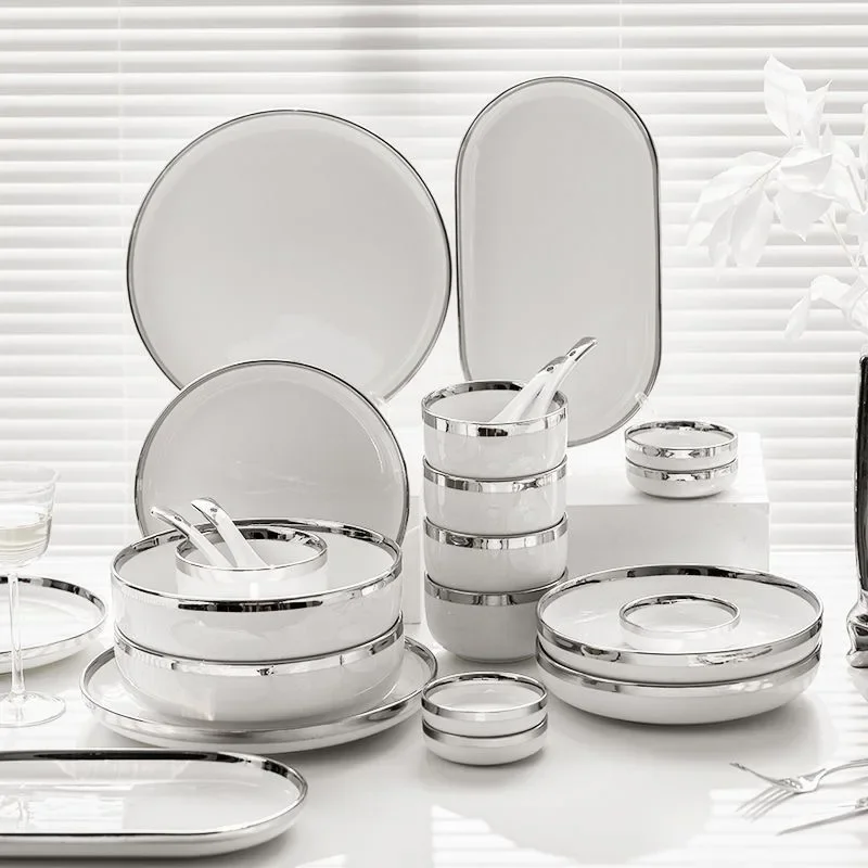 

White Ceramic Plates With Silver Steak Serving Plate Bowls Ins Dinner Dish Porcelain Dinnerware Set For Family Hotel