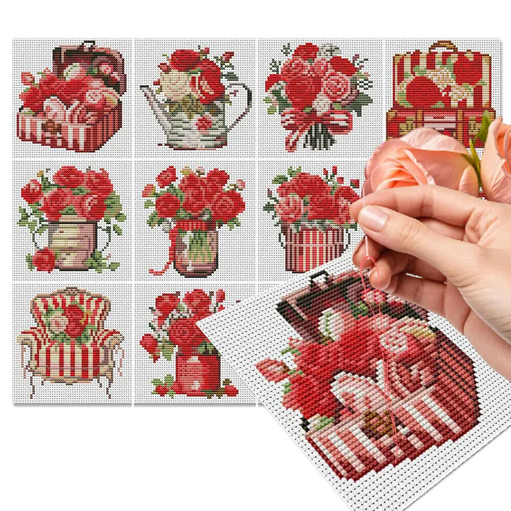 12Pcs Rose Cross Stitch 11Ct Printed Fabric Embroidery Flower Needlework Cotton Thread Bedroom Decoration Handmade Gift