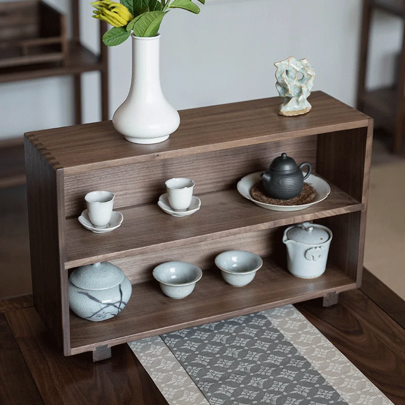 Black walnut desktop shelf solid wood double tea room desk storage shelf new Chinese sundries storage shelf