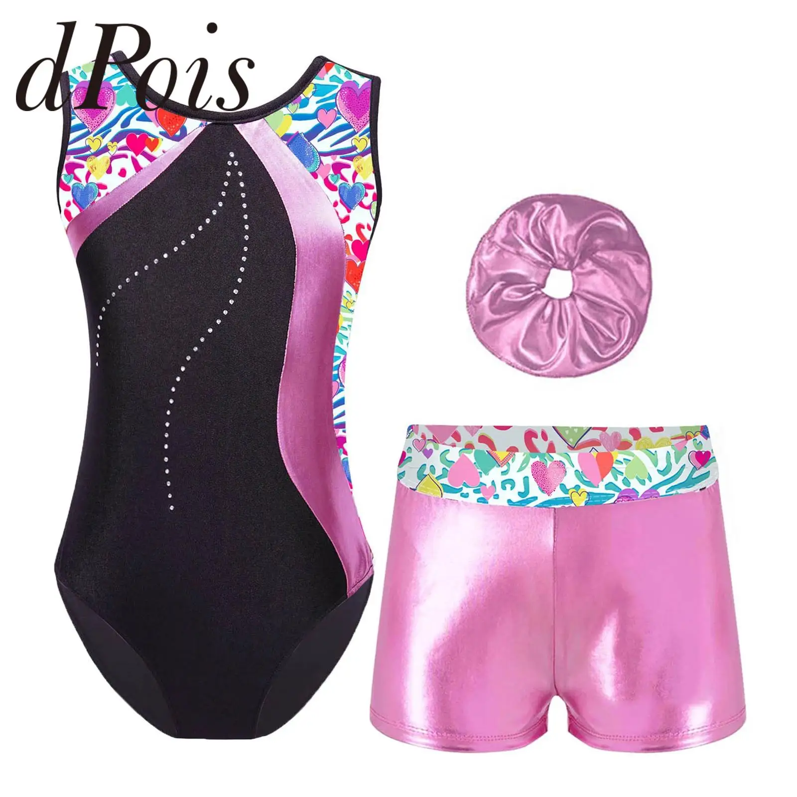 Kids Girls Gymnastics Jumpsuit Dance Set Sleeveless Printed Ballet Leotard Shorts Dancewear for Competition Skating Bodysuit