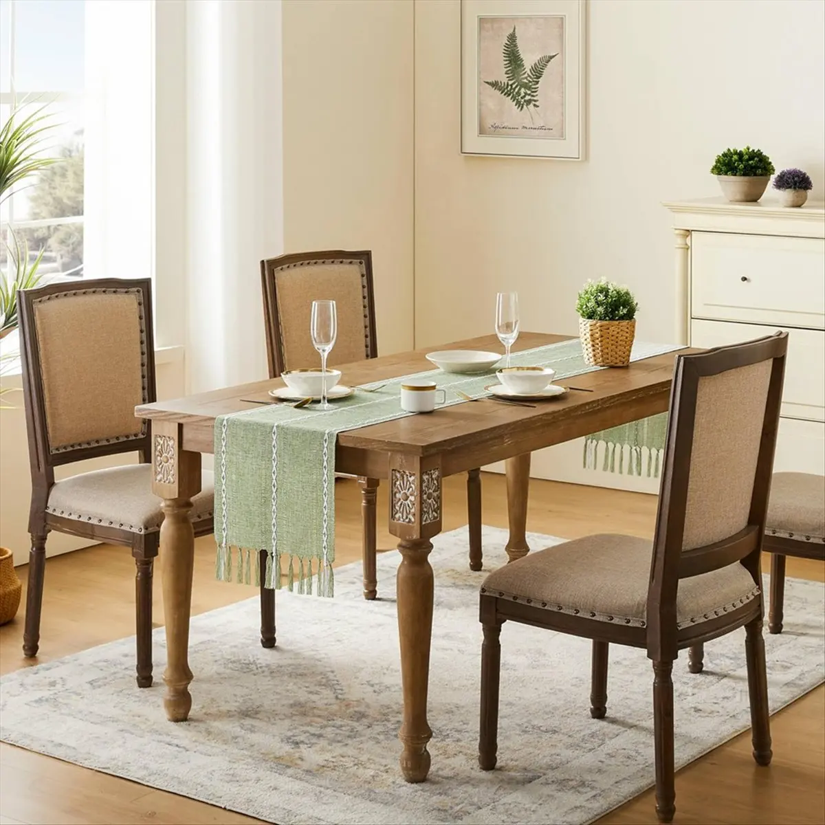 A78I Fine Stitching Farmhouse Wind Tablecloth Sage Green Bohemian Tablecloth Country Decoration 33x228cm