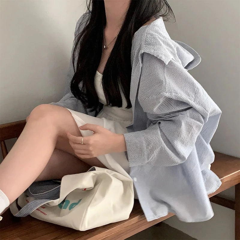Chic Spring Vintage Anti-Aging Single Button Loose Casual All-Match Hooded Sun Protection Long Sve Striped Women's irt