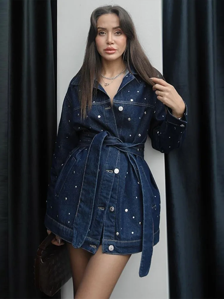 

Women's 2 Piece Denim Pants Set Lapel Belt Jacket With Studded Decoration Matching High Waist Slightly Flare Jeans Chic Outfit