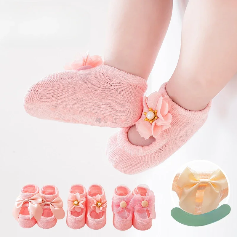 Girls Princess Sock Soft Cotton 3 Pairs Infant Anti-slip Floor Socks Cute Flower Baby Socks Sweet Lace Bow Newborn