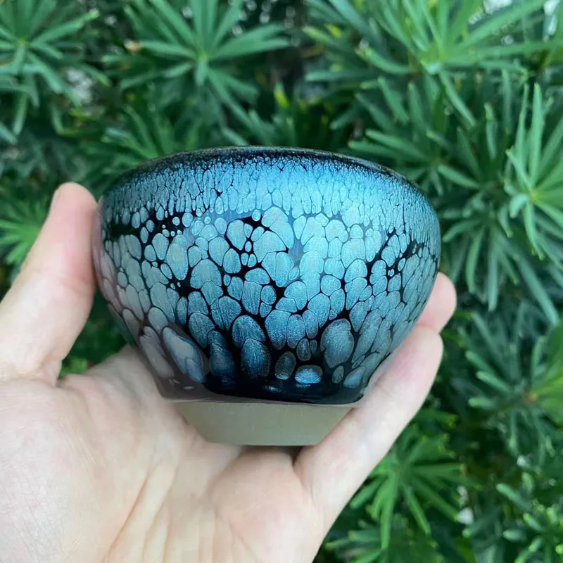 Jian zhan Tenmokus Tea Cup with Great Blue Oilspt Glaze, Handmade Porcelain Tenmoku Glaze Tea Bowls, Jian Ware Kung Fu Teacup