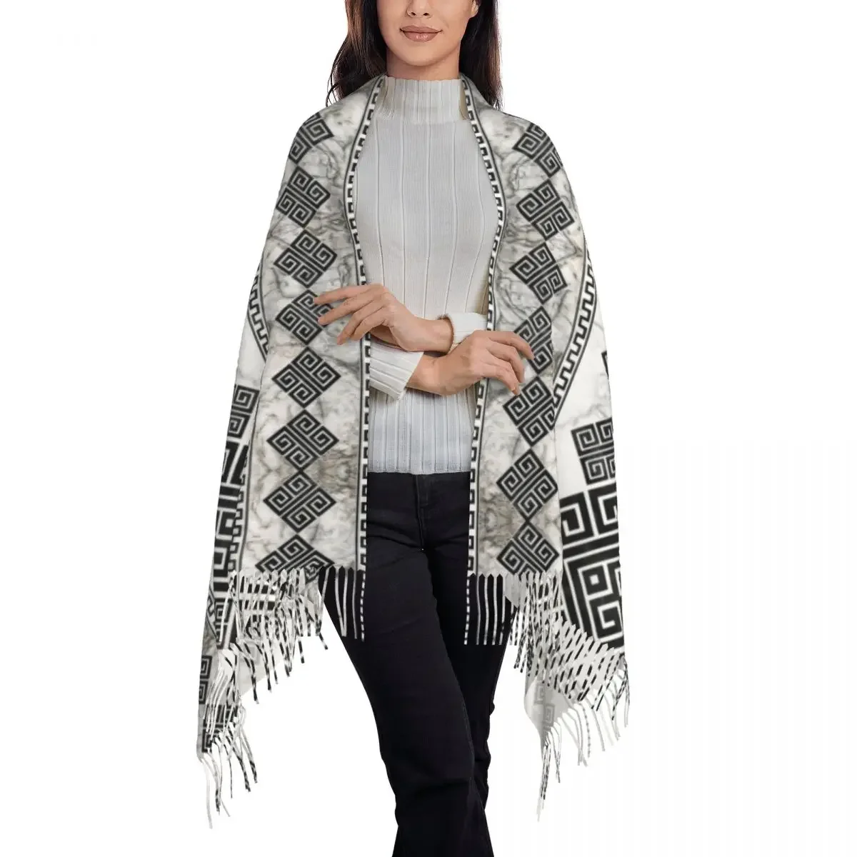 Greek Key Meander Scarf Wrap Women Long Winter Fall Warm Tassel Shawl Unisex Black and White Marble Scarves