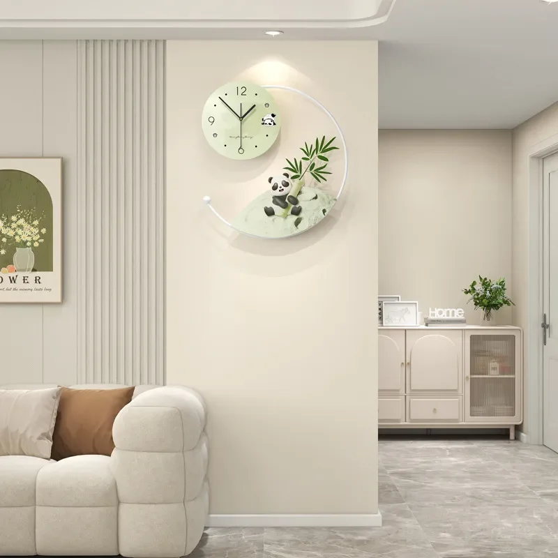 for Creative Cream Wind Panda Wall Clock Silent Wall Hanging Clock for Living Room Entrance Household Premium Decoration
