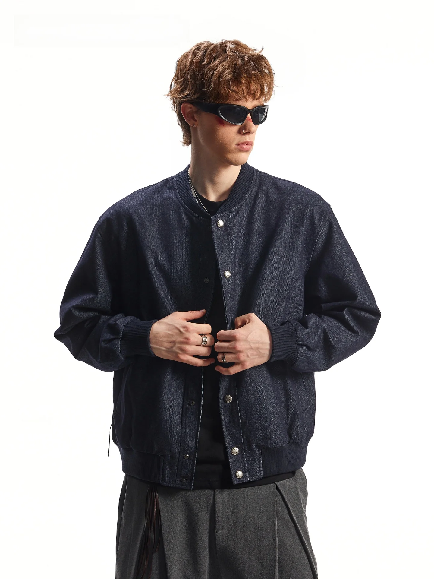 SDMADE American Style Casual Short Jacket Men's Autumn Baseball Collar Fake Denim Coat Standard Fit Cotton Polyester Blend