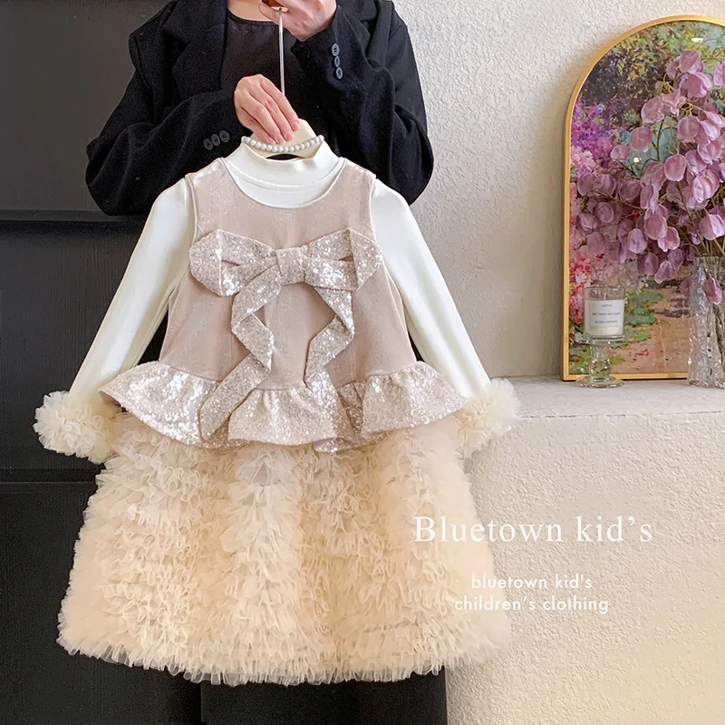 Girls Sleeveless Dress Fall Kids Birthday Gown Sequin Puffy Cake Skirt Sweet Mesh Princess Dress Sleeveless
