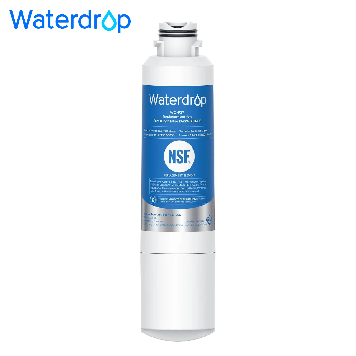 Waterdrop Water Filter, Replacement for Samsung® HAF-CIN/EXP, DA29-00020B, DA97-08006A, 46-9101, HDX FMS-2, RF263BEAESR, Reduce Chlorine, bad Taste and Odor, Refrigerator Water Filter