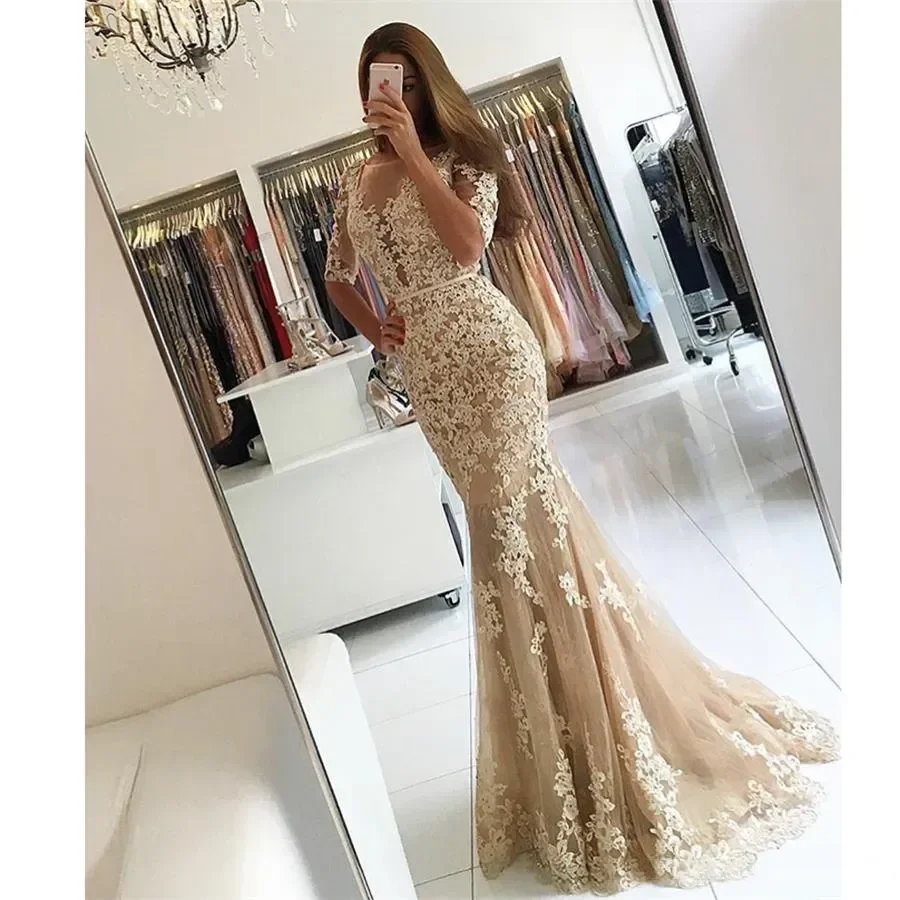 Abendkleider, formelles Abschlussball-Partykleid, Meerjungfrau, U-Ausschnitt mit halben Ärmeln, bodenlang, Sweep-Zug, Applikation, Spitze, Tüll, lang, rückenfrei