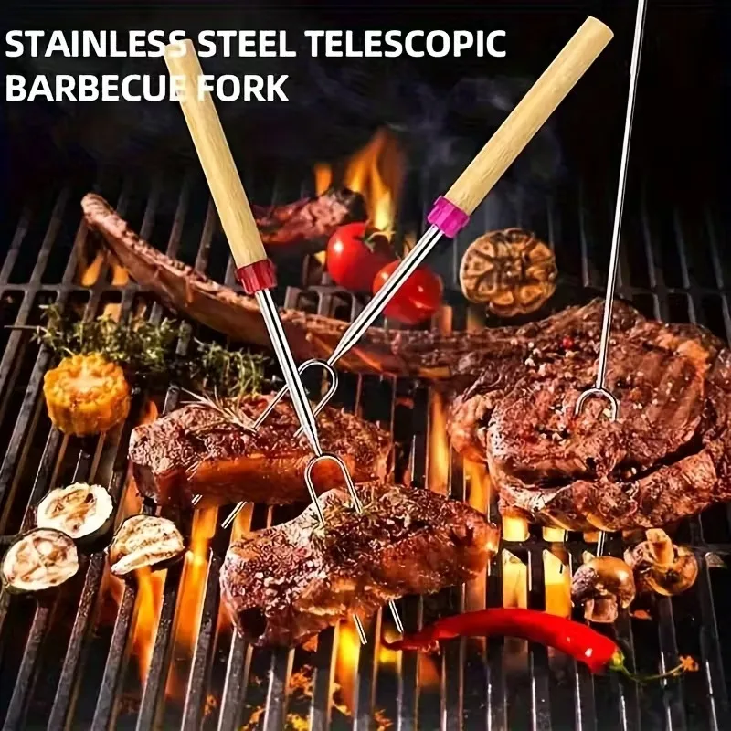 Outdoor Telescoping BBQ Fork Stainless Steel with Wooden Handle U-Shaped Hot Dog Skewer for Grilling Bonfire BBQ Use