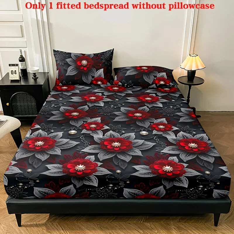 Gray floral pattern print bedding, mattress protector, breathable polyester material (includes 1 fitted sheet + 2 pillowcases). Mattress protector, fitted elastic style, protective cover, mattress cover, fitted bedding, Christmas-themed bedding