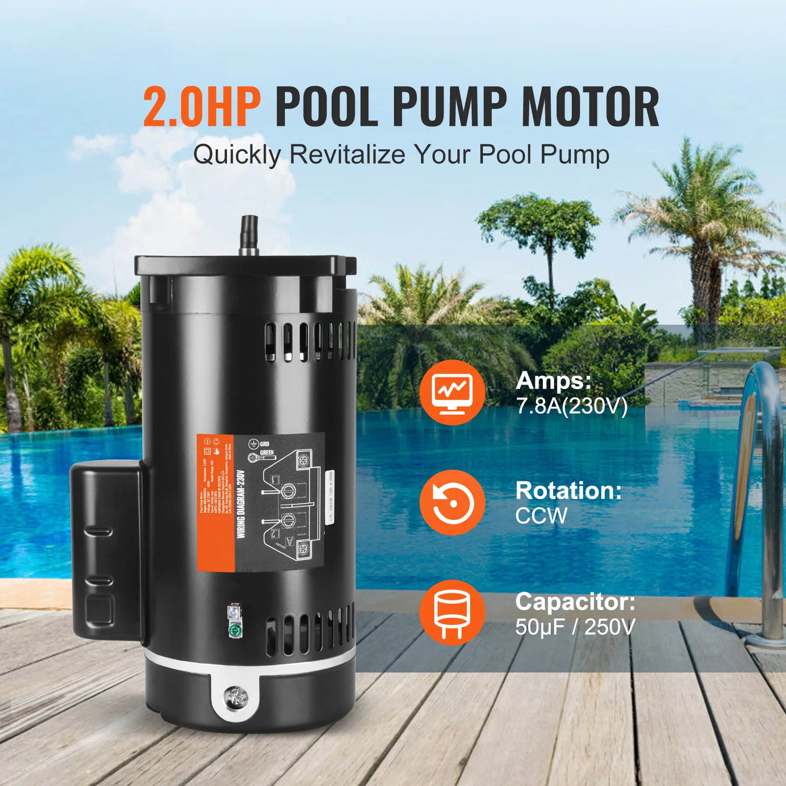 SucceBuy 2HP Pool Pump Motor Frame 230V (7.8Amps) 3450 RPM 60Hz 1.3 Service Factor CCW Rotation Square Flange Replacement Motor