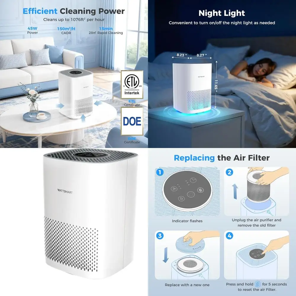 

Очиститель воздуха с настоящим HEPA-фильтром и активированным углем для удаления шерсти животных, пыли и дыма, режим сна и ночник, белый цвет