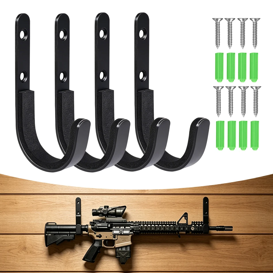 Black Wall mounted gun rack hooks, set of 4, designed specifically for storing rifles, shotguns, and bows and arrows.