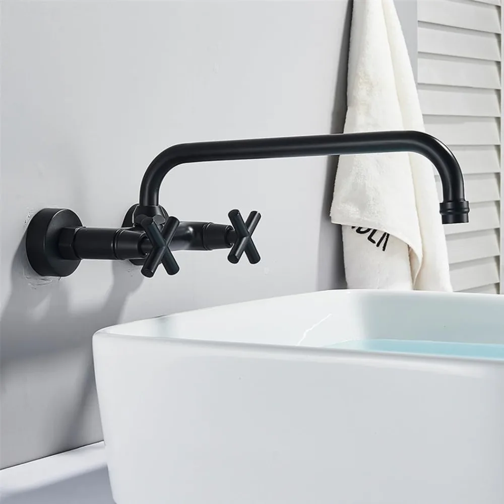 

Matte Black Commercial Kitchen Faucet 8" Center Swivel Sink Mixer Tap Wall Mount