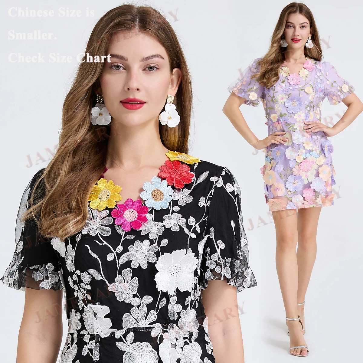 เย็บปักถักร้อยหรู 3D ดอกไม้ฤดูร้อนลูกไม้มินิเดรสผู้หญิงแขนสั้น Retro Sweet Fairy วันเกิด Party ชุดสั้น