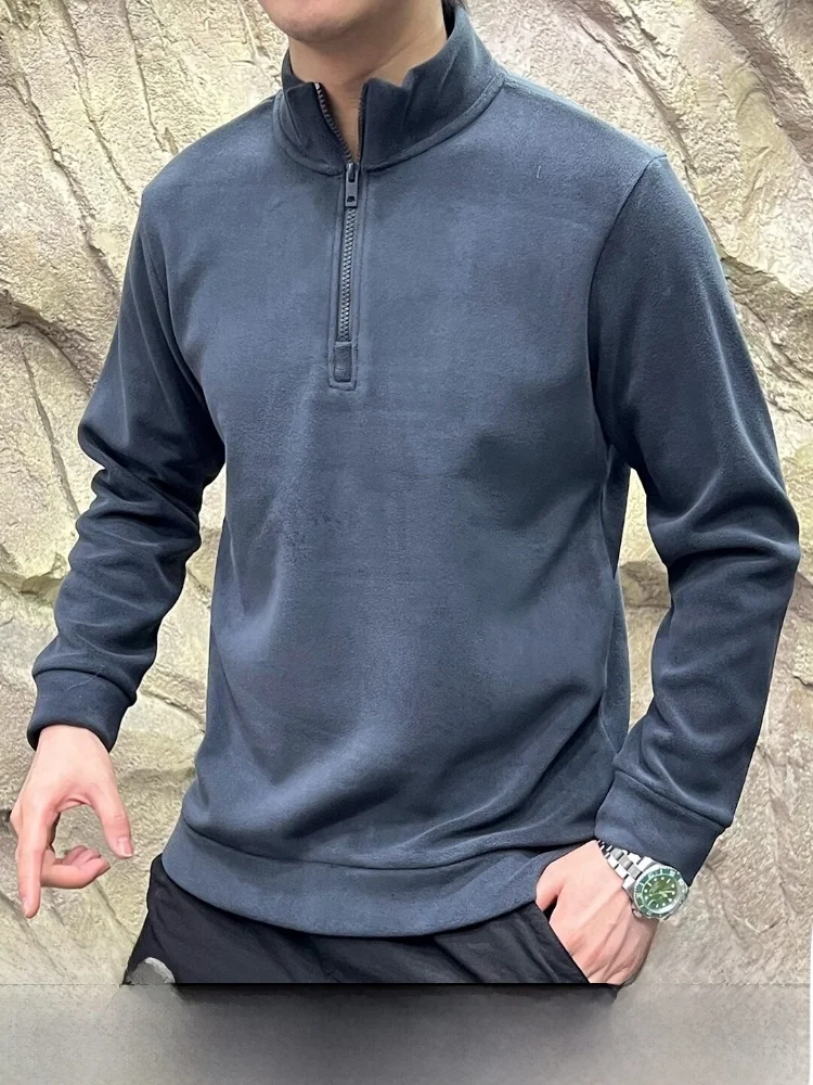 

Thickened Stylish Men's Hoodie Double-sided Fleece Autumn Winter Pure Color Orlon Warm Half Zip Long Sleeve Sweatshirt