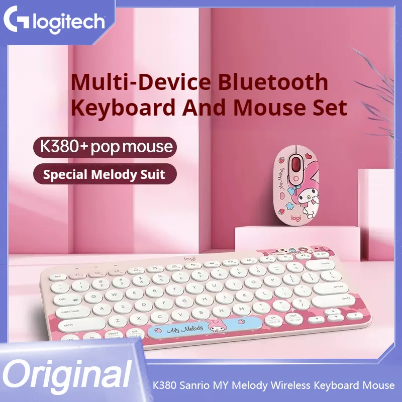 logitech conjunto de combos de teclado e mouse bluetooth sanrio mouse pop melody bonito para tablet android casa escritorio k380 my melody 01