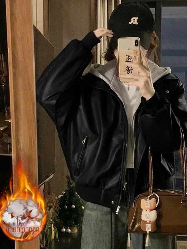 

Женская модная куртка-пальто из хлопка в стиле ретро с двойной молнией, имитация двухслойного кожаного пальто, верхняя одежда из хлопка