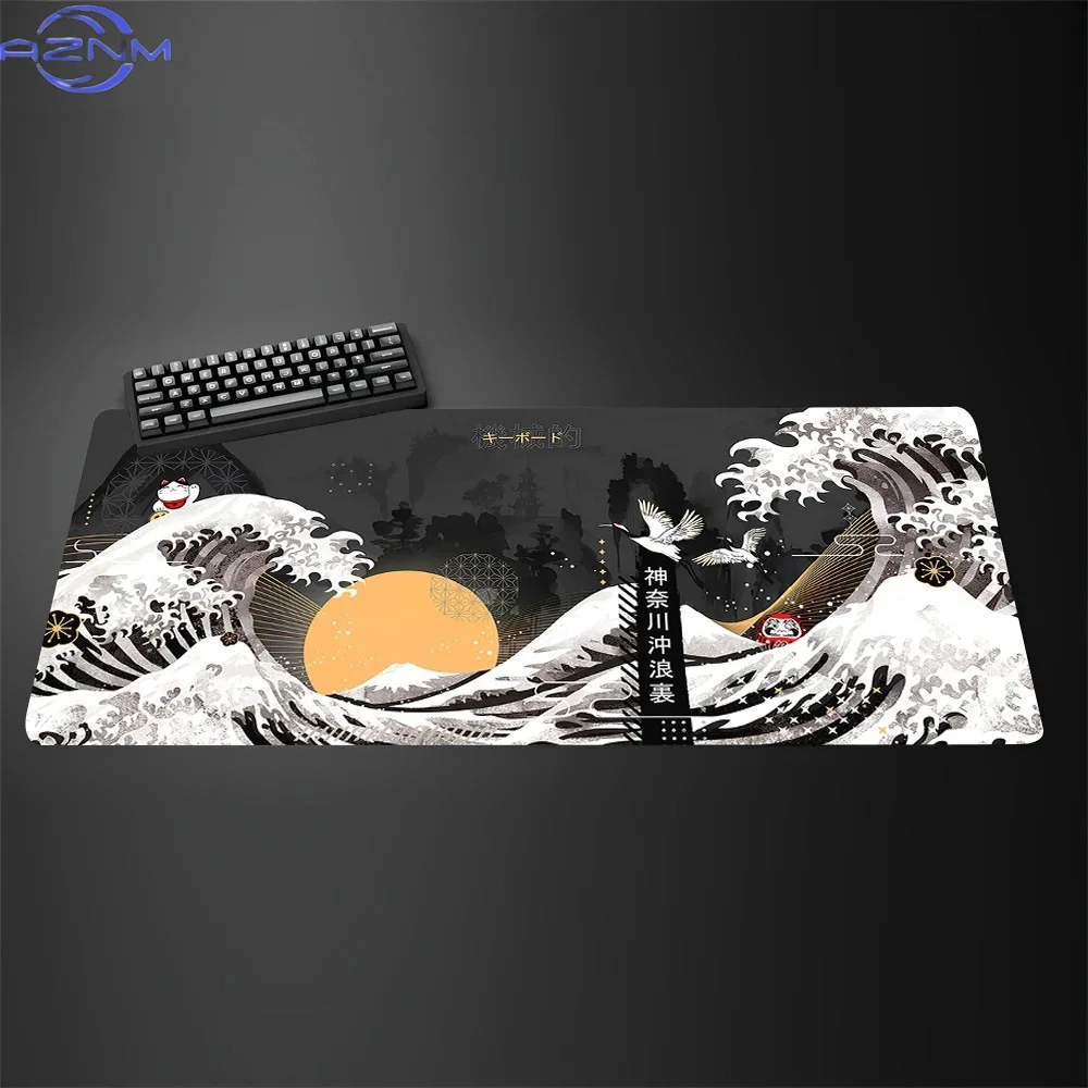 XXL  Black and White Giant Wave Keyboard Game Anime Mouse Pad Non-slip Leather Art Computer Desk Mat Carpet with Lockedge