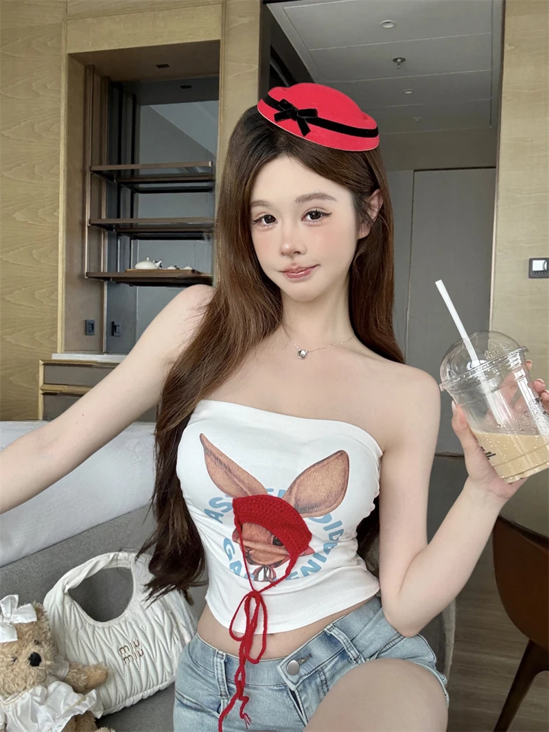 

Red Hat Rabbit Letter Print Sleeveless Wrap Chest Women's Slim Fit Inner Wear Hot Girl Short Top Outerwear Summer Commute Style