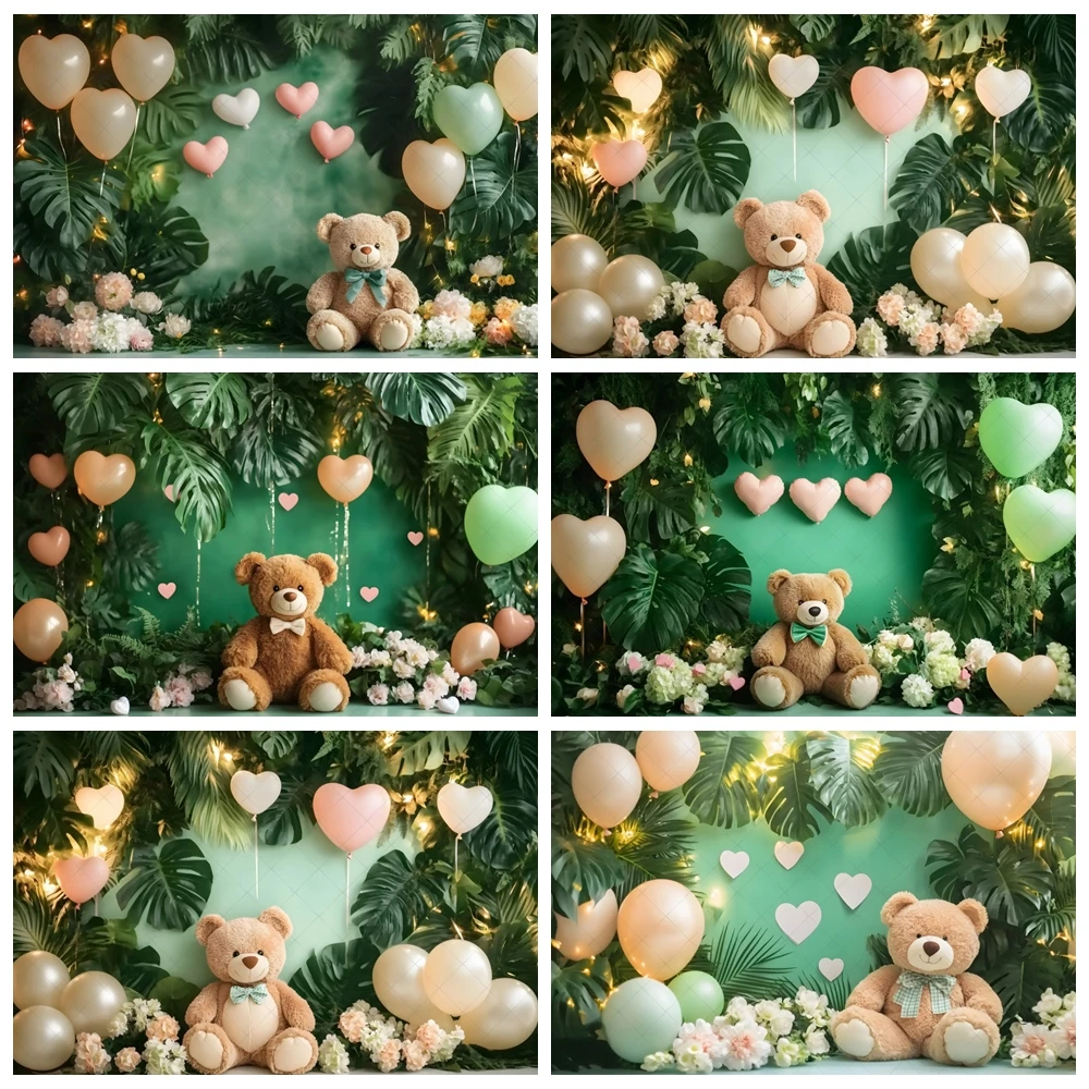 

Newborn Baby 1st Birthday Backdrop for Photography Green Leaf Flower Toy Bear Balloon Baby Shower Background Decor Photo Studio