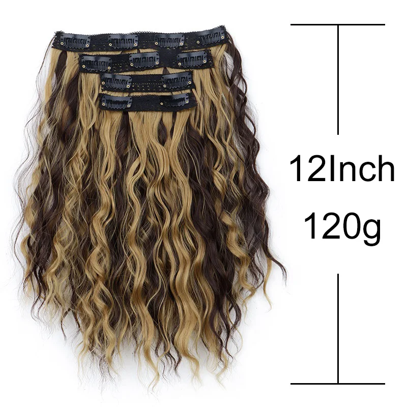 12Inch Synthetic 4pcs/set Short Curly Wavy Hair Extension Mid-Brown Hair Style Fluffy Hairpiece for Women