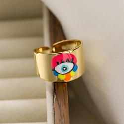 NEWBUY 2025 Trendy Gold Color Copper Open Rings For Women Party Jewelry Lovely Colourful Expoxy Evil Eye Ring Finger Accessories