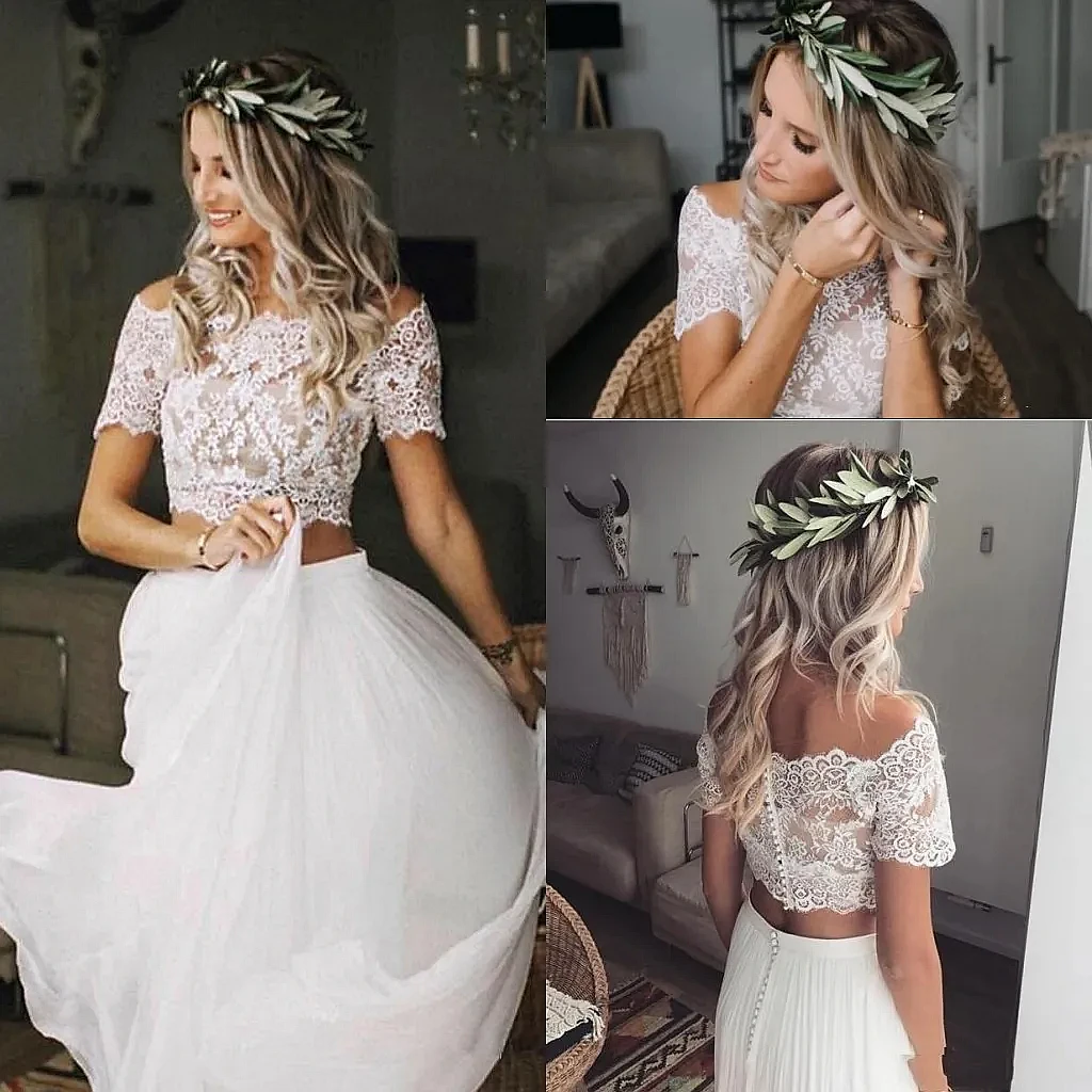

Two Pieces Bohemian Wedding Dress Bateau Neck Short Sleeves Long Tulle Skirt Beach Ivory Bridal Gowns Summer Country Vestido De