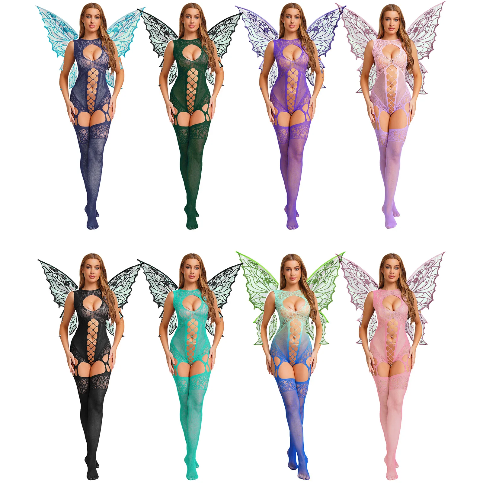 Traje de lingerie de fada feminino transparente fishnet sem mangas bodysuit com asas de borboleta oco para fora bodystockings nightwear