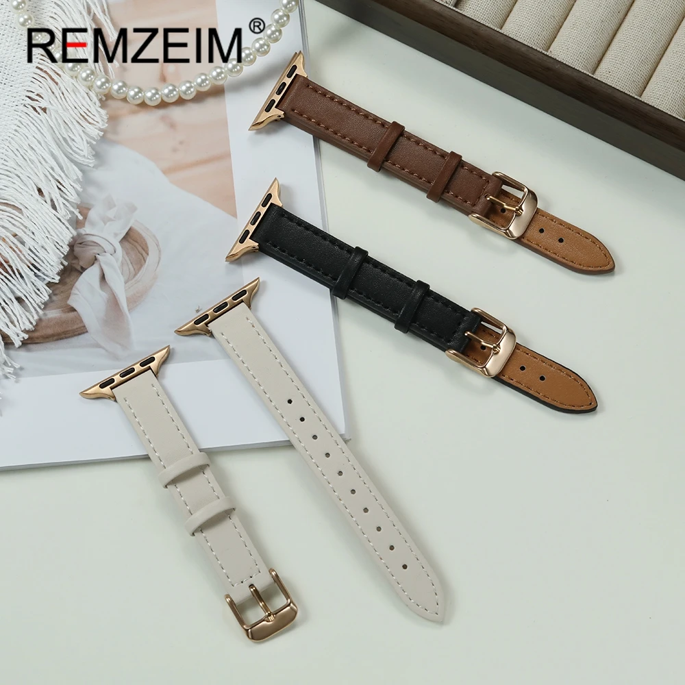 Dünnes Lederarmband für Apple Watch 1-11 Ultra SE 2 Uhrenband für IWatch 49/46/45/44/42/41/40/38mm mit Roségold-Schnalle