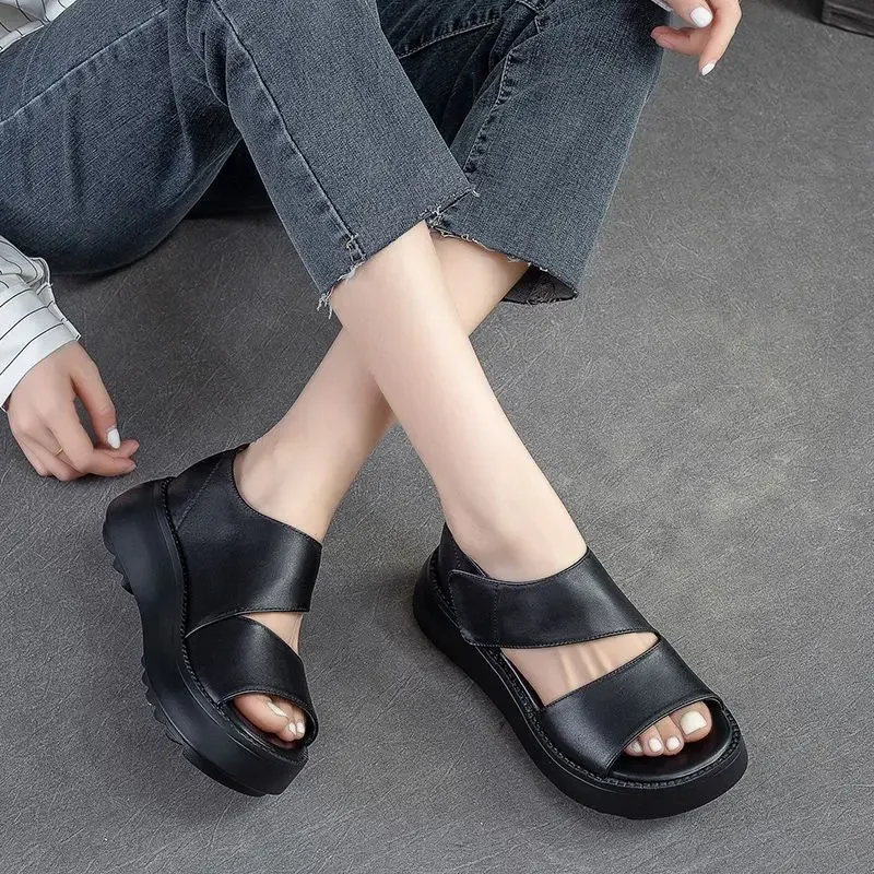 Women\'s Summer Sandals Platform Shoes Wedges Roman Sandals Hook & Loop Women Sandals Pu Leather Retro Shoes Woman 2024 Trend