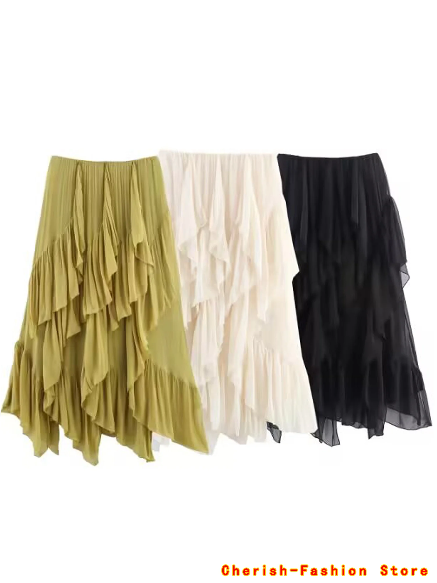Topenomi Fata Gonna arricciata a strati Donna Estate Semplice Solido Elastico in vita A-line Gonne lungheK Moda Versatile Юбка