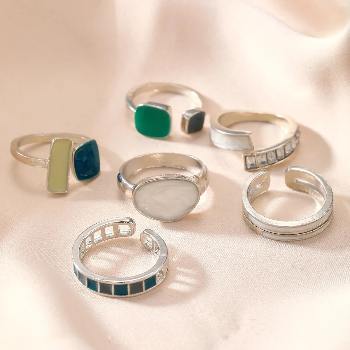 6Pcs New Fashionable Retro Emerald Moonlight Stone Joint Opening Ring Set For Women's Daily Versatile Gift Fashion Accessories image 2