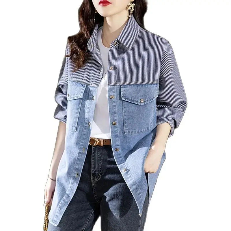 

ashion Splicing Thin Denim Coat Tops New 2024 Spring Autumn Mid-Length Denim Shirt Jacket Female Casual Jeans Outerwear 4XL