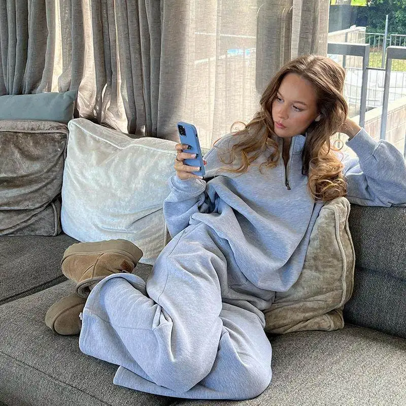 

Casual Pure Color Zipper Stand Collar Women's Set Elastic Waist Long Pants Two Piece Set Autumn Winter New Arrival