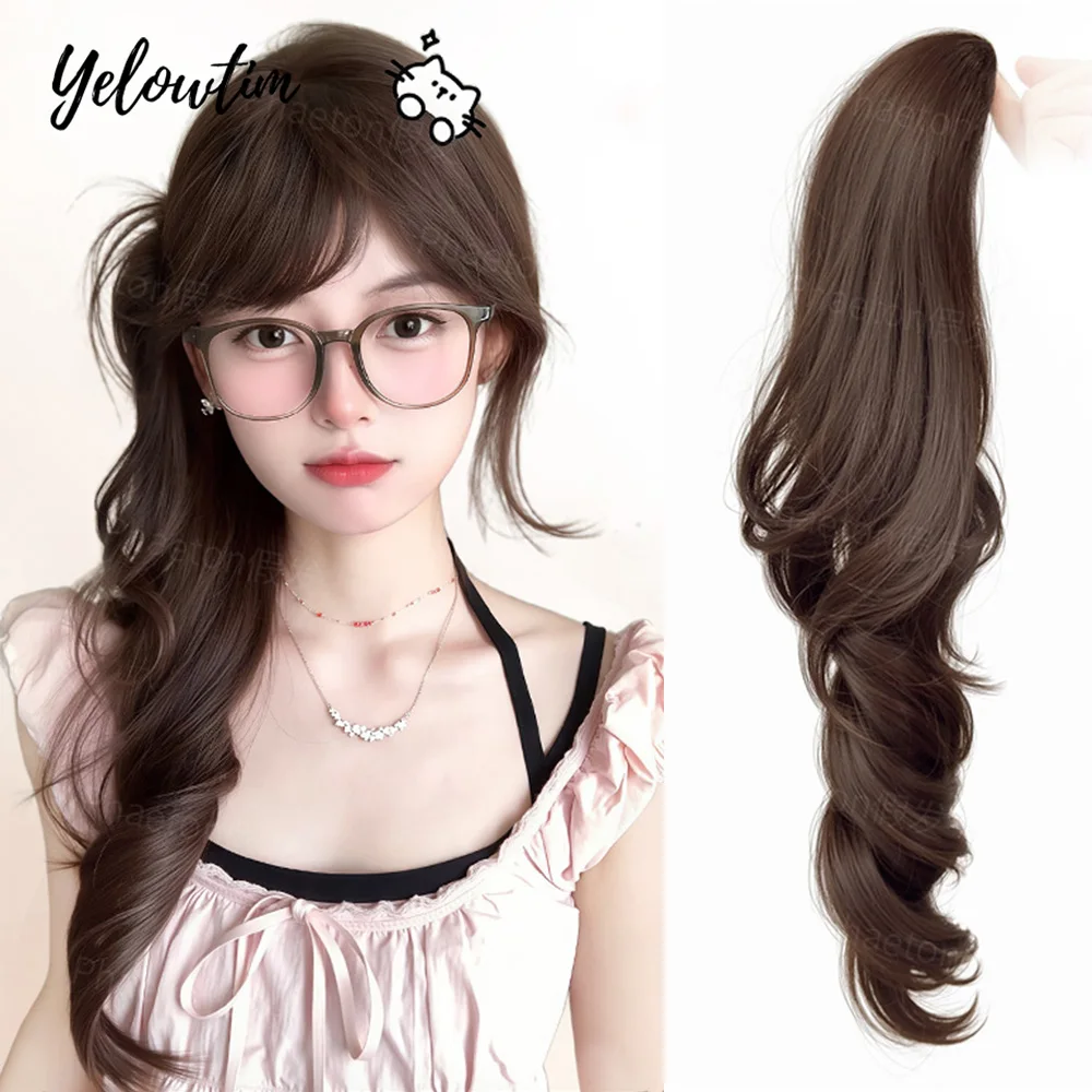 

YELOWTIM Синтетическая длинная вьющаяся повязка для волос с зажимом для хвоста Парик вьющиеся волосы Накладной хвост Пушистые волосы можно плетать