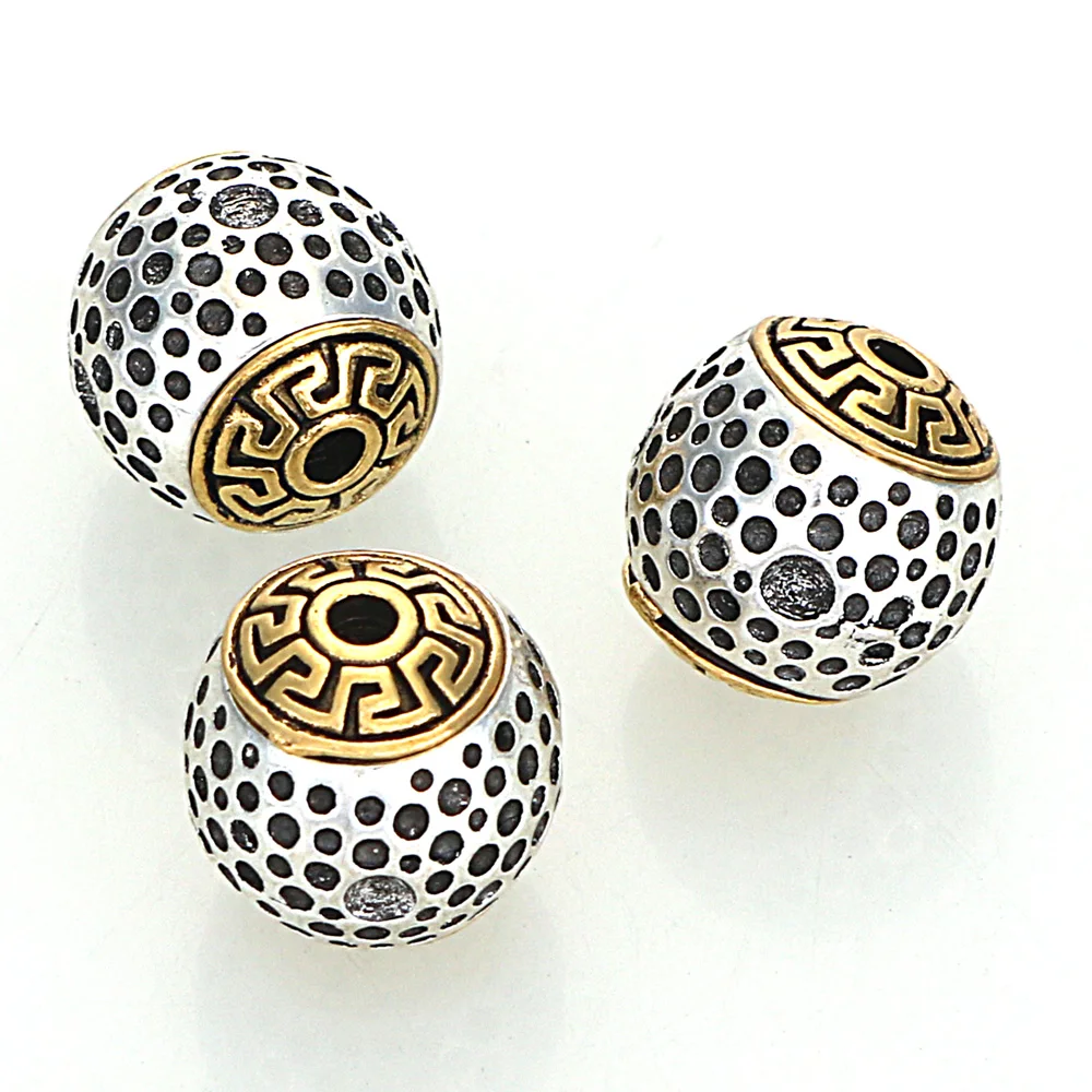 5Pcs 12MM Vintage Antique Golden Silver Plated Cast Metal Striped Round With Dots Surface Spacers Beads For Diy Jewelry Making