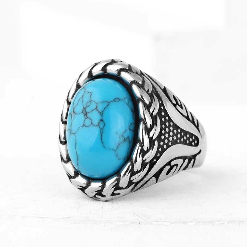 Fashion Vintage Man Boy Round Natural Stones Ring in Stainless Steel Jewelry Mens Accessories Anel Aneis Wedding Gift