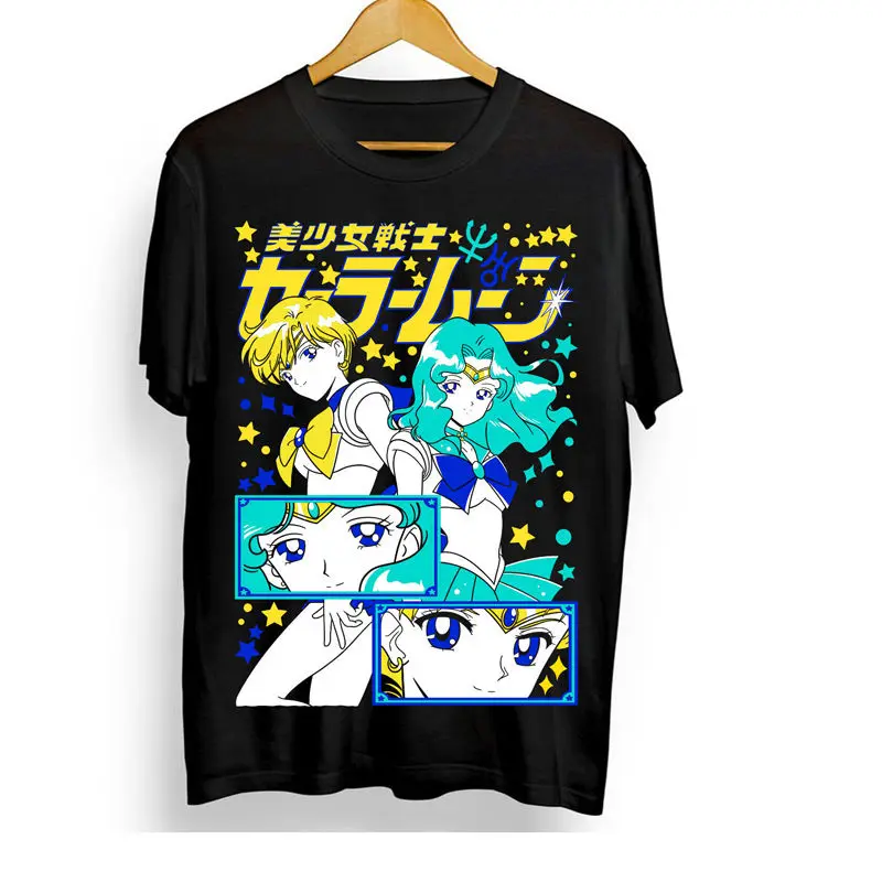 Camiseta con estampado de Sailor Moon, Urano y Neptuno, camiseta con diseño de Anime, camiseta informal de verano para niños y mujeres, Top de algodón extragrande
