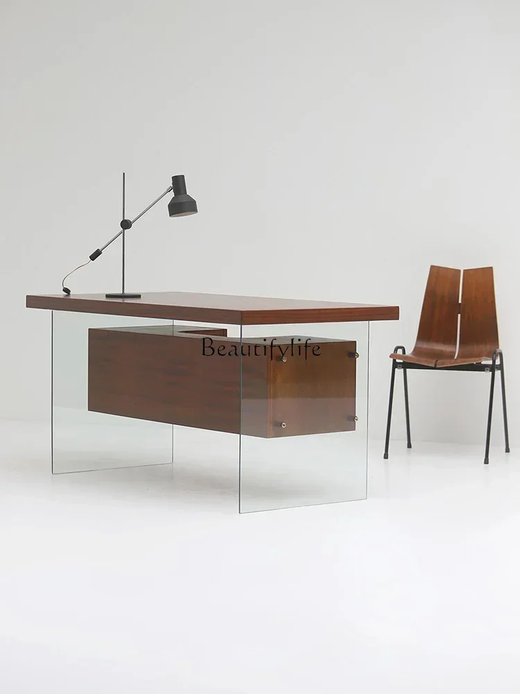 

Glass table legs retro designer walnut color desk wabi sabi minimalist modern minimalist