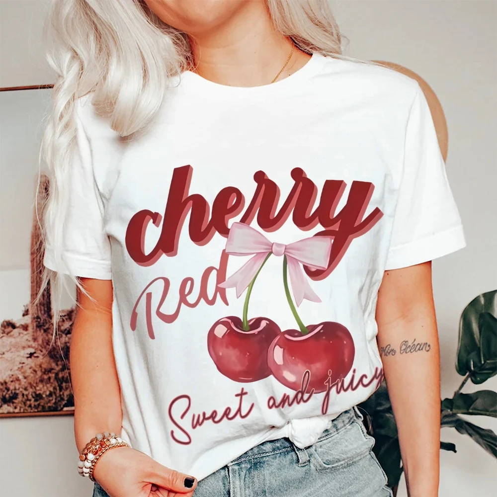

Cherry Graphic with Bow T-Shirt,Fruity Style,Comfortable Soft Fabric,Design Top,Perfect for Casual Summer Outfits