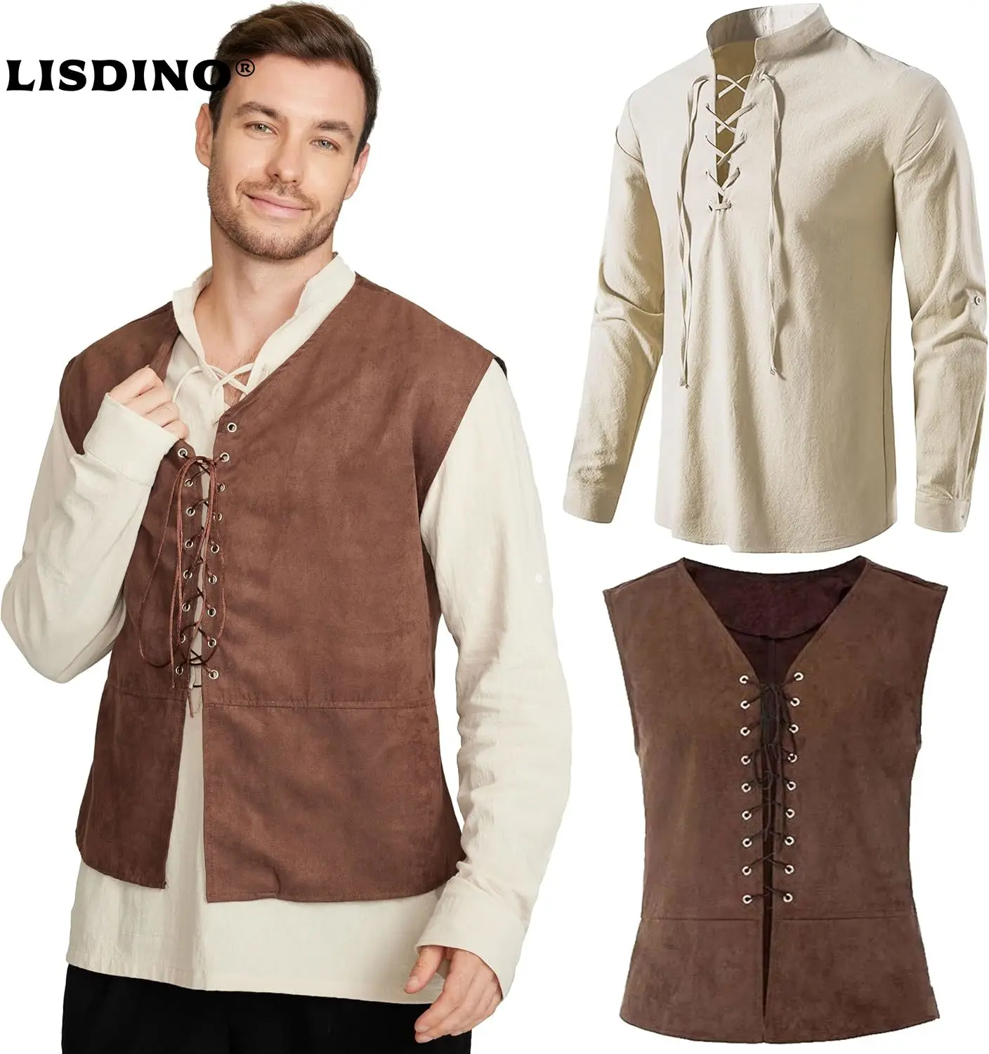 

12-piece Set Men's Medieval Pirate Vest Long Sleeve Shirt Medieval Renaissance Costume Lace Up Vest Gothic Shirt