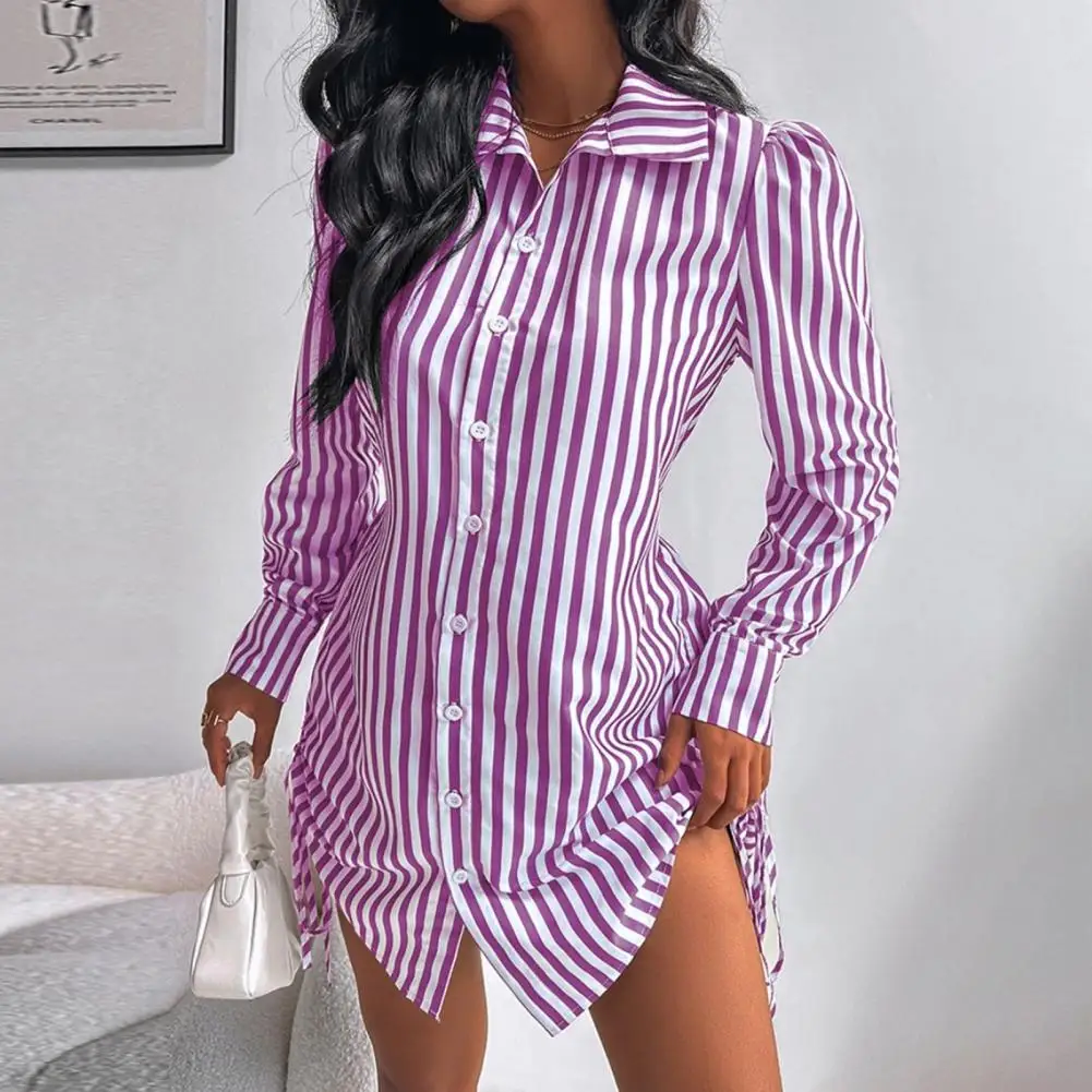 Shirt Dress with Pleated Stitching Loose Fit Shirt Skirt Stylish Women's Shirt Dresses with Side Drawstring for Summer