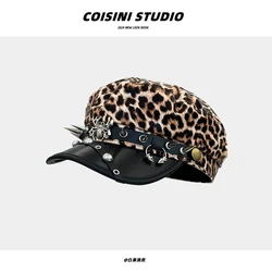 American Retro Leopard Print Rivet Buckle Octagonal Hats Women Spring Autumn Travel Photo Versatile PU Leather Newsboy Berets