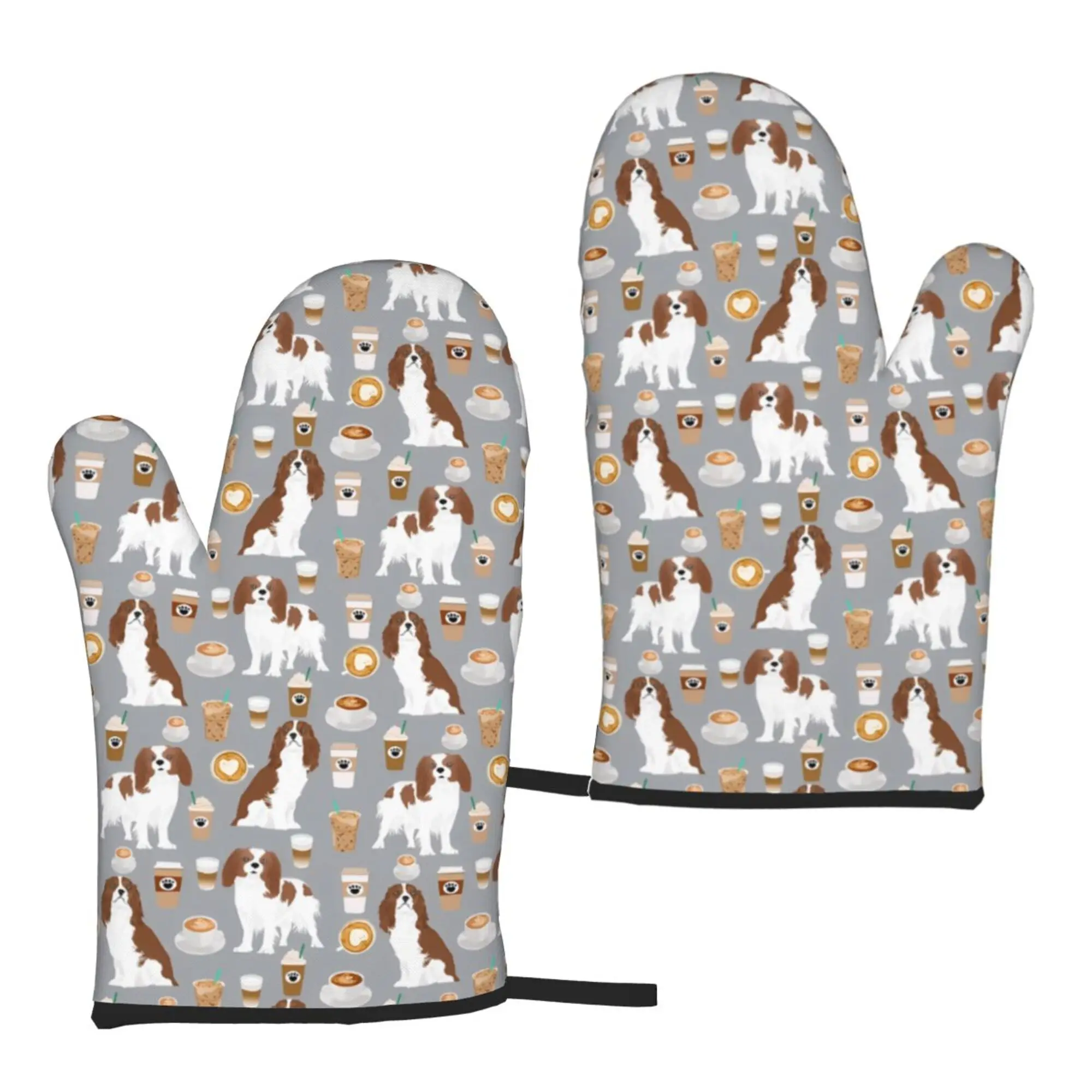 Cavalier King Charles Spaniel and Coffee Microwave Gloves Oven Mitts 2pc for Women Bbq Gloves Cooking Grilling Baking One Size