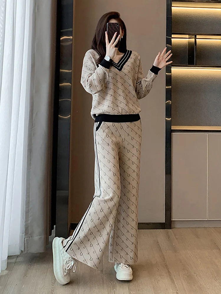 Printing Long Sleeved Knitted Casual 2-piece Knit Sweater Loose Sweater Wide Leg Pants Set Two Piece Set Women Outfit 2023